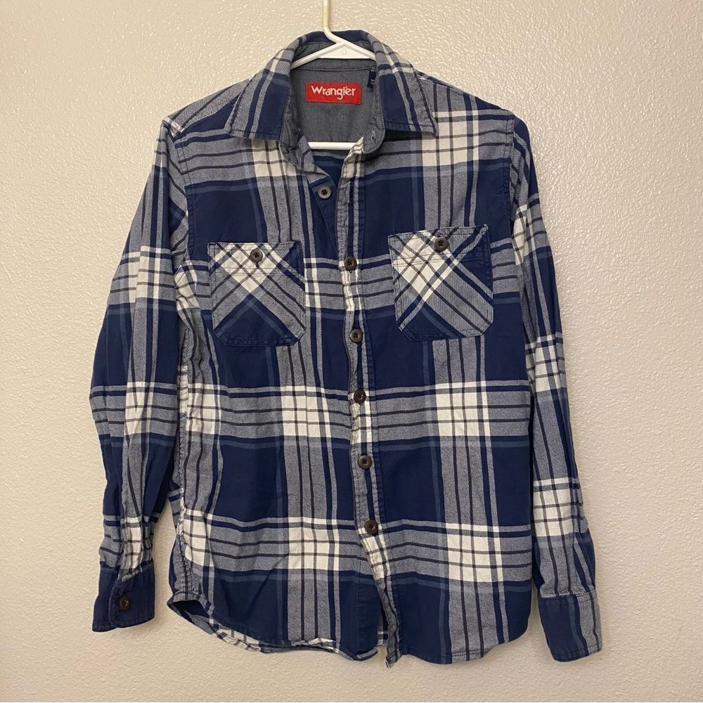 WRANGLER blue plaid flannel 100% cotton Button Up Long Sleeve shirt Small